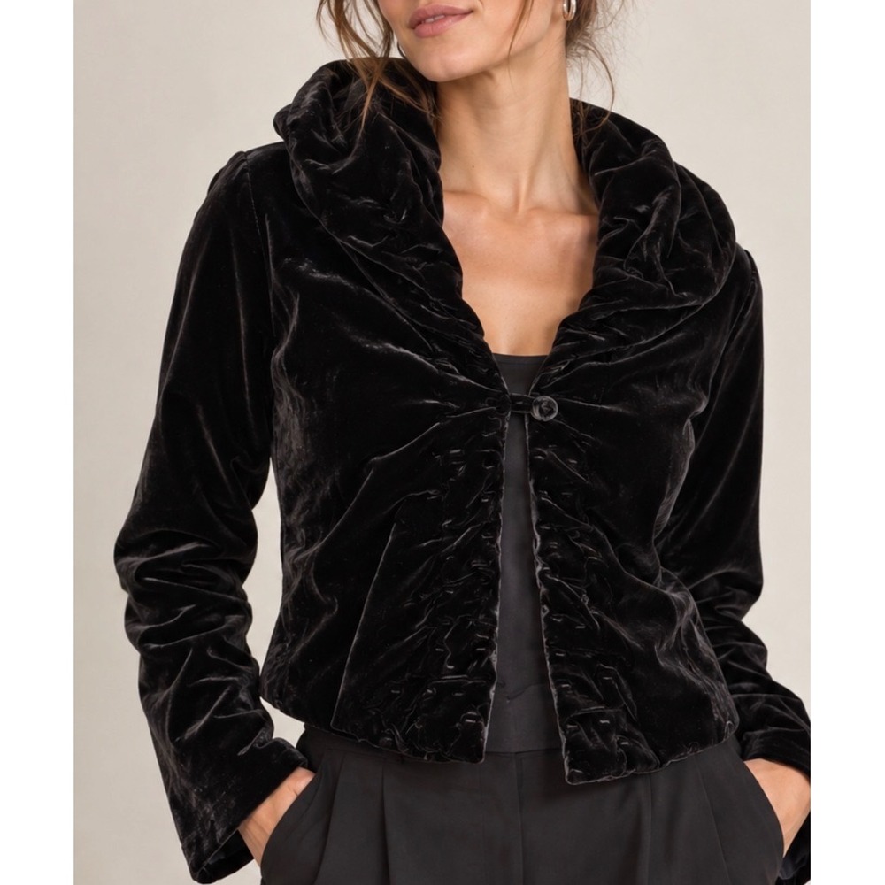 Eileen Fisher Black Silk Blend Velvet Ruched Shawl Collar Jacket XS Blazer